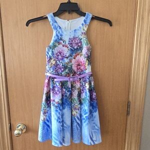 Bonnie Jean - Floral Blue Kids Dress with Belt - Girls Size 7